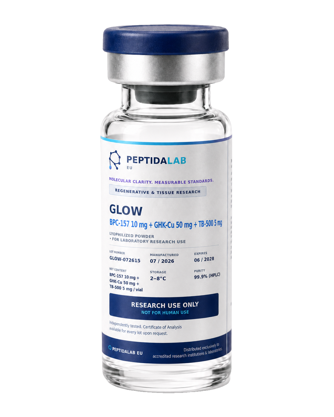 Flacon PeptidaLab GLOW — BPC-157 10 mg + GHK-Cu 50 mg + TB-500 5 mg