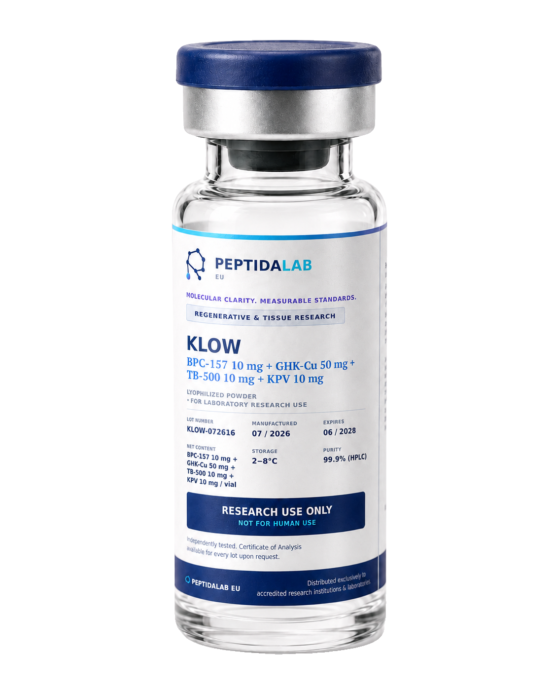 Flacon PeptidaLab KLOW — BPC-157 10 mg + GHK-Cu 50 mg + TB-500 10 mg + KPV 10 mg